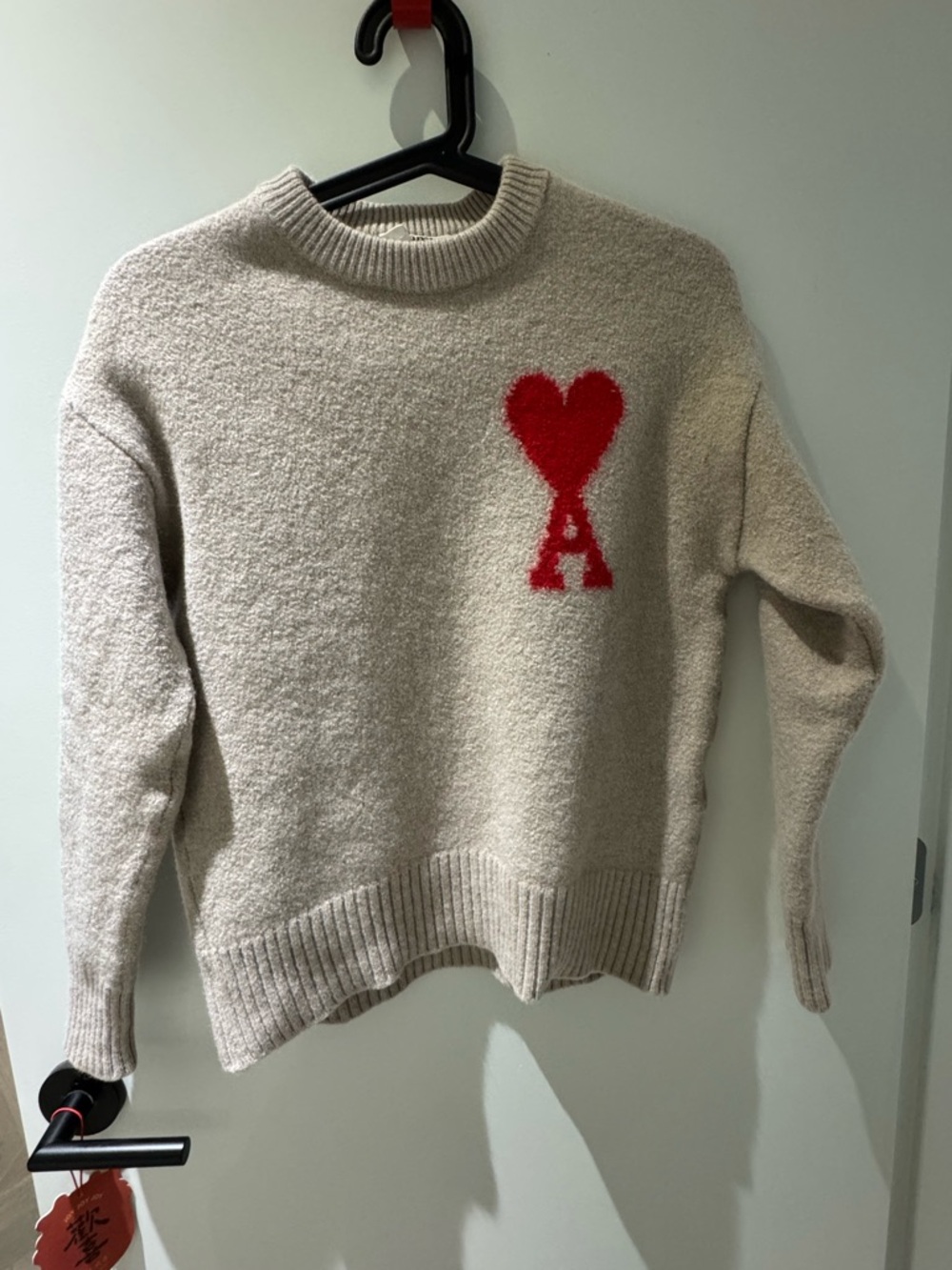 AMI Paris Cream Crewneck Sweater with Red Heart Motif
